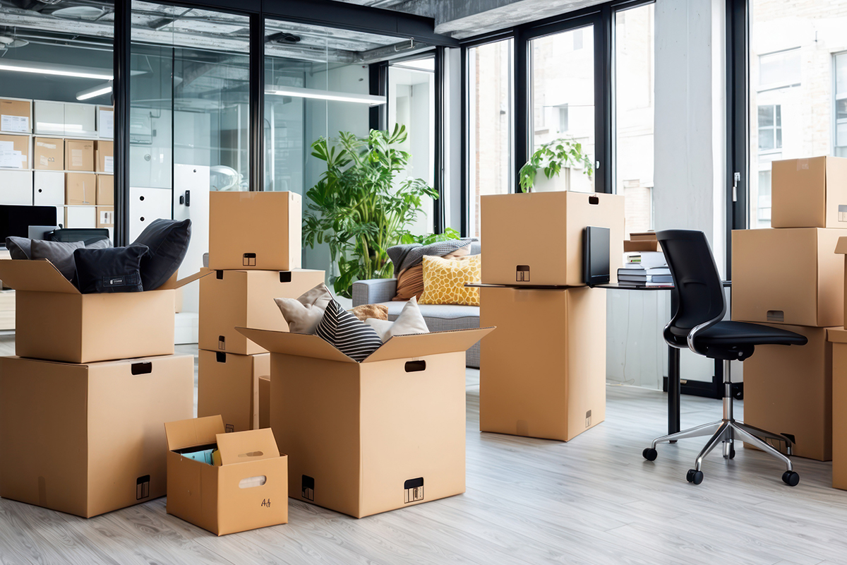 Office relocation with furniture and office equipment packed for transport